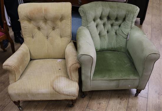 A pale green buttoned armchair and a gold reppé upholstered armchair